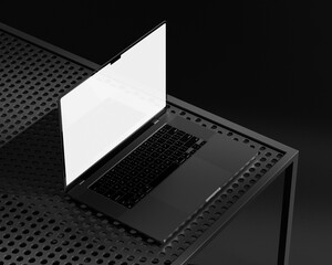 Laptop mockup on metal desk with dark background