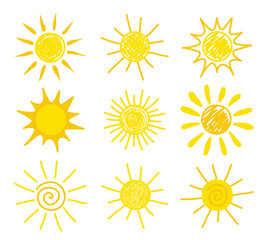 Hand drawn sun icon collection. Summer design. Vector illustration