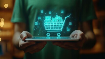 Person holding a tablet with a glowing shopping cart full of money.