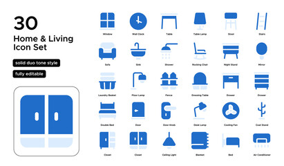 Home & Living Solid Fill Duo Tone Icon Set: Interior Design, Comfort, and Everyday Household Living Icons