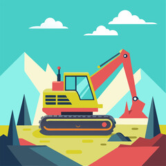 Excavator working against a backdrop of mountains, rocks under a blue sky. Vector cartoon illustration in flat art style
