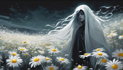 Naklejka premium A white daisy with a ghostly child's face on each one. The face is pale and black tears flow from the eyes. The moonlight makes the shadows of the daisies look animated.