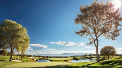 Obraz premium A bright, sunlit landscape of a golf course under a clear blue sky,