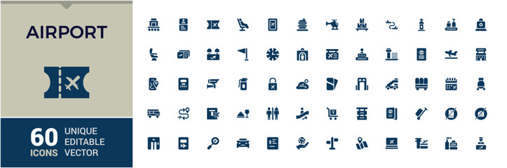 Airport solid icons set. Contains filled icons like Plane, Ticket, Baggage, Seat, Bag, Departure, Terminal, Passport and more. Editable solid symbol pack. Pixel perfect.