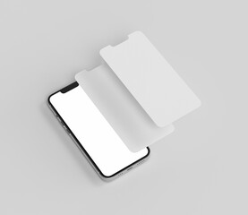 Two floating smartphone screen and silver smartphone screen mockup