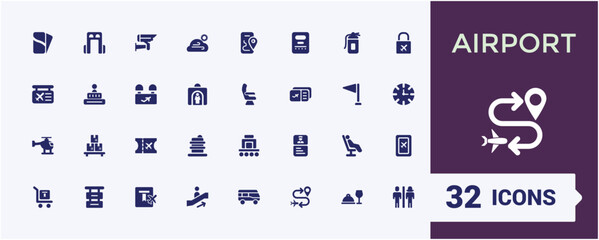 Set of solid Airport icons. Related to filled icon like Plane, Ticket, Seat, Bag, Departure, Terminal, Passport and more sign. Editable and Pixel perfect solid symbol pack.