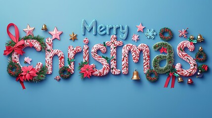 Merry Christmas Abstract, artistic rendering of "Merry Christmas" with each letter formed from different holiday elements like wreaths, stars, bells, and ribbons