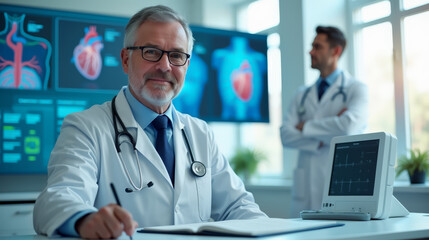 Experienced cardiology doctor sitting in his office, surrounded by medical equipment and heart charts. Cardiologist in Medical Office with Diagnostic Equipment.  ​​Heart Health Specialist.