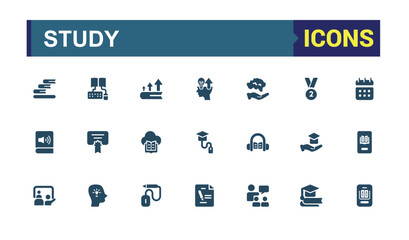 Study solid Icons Pack. Featuring education, reading, exams, knowledge, research and more. Filled vector symbol collection. Editable icon for web and ui design. Pixel perfect icon set.