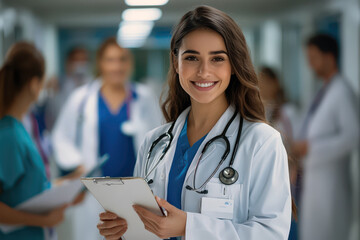 A confident and approachable doctor in a hospital corridor, emphasizing expertise and professionalism, surrounded by a bustling team of healthcare professionals.