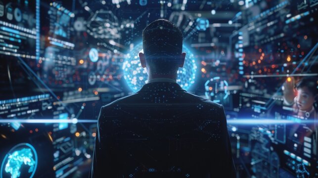 Ai Businessman working with modern interface Business analytics Big data technology and data science. Data flow concept.Business computing digital composite.