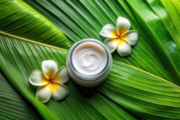 Flat lay image of facial moisturizing cream on tropical leaves and flowers