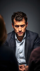 Fototapeta premium Depressed husband at couples therapy isolated with white highlights, png