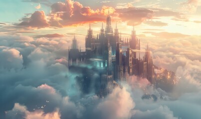 Ethereal citadel amidst the clouds, 4K hyperrealistic photo