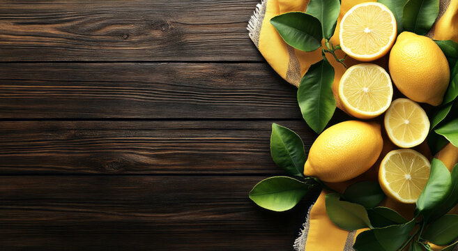 wooden background with lemons and green leaves around the edges, - Powered by Adobe