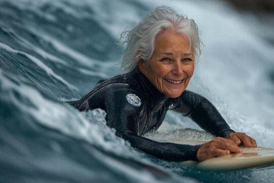 Portrait of a smiling senior woman surfing in the ocean with her surfboard