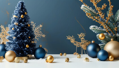 Modern Christmas background with matte blue and gold decorations for modern designs