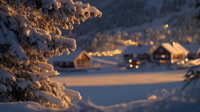 Winter landscape with a snow covered pine tree with garland and a small mountain town in the background
