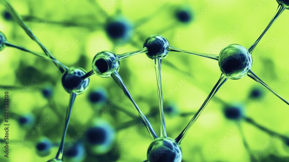 Poster abstract network of interconnected spheres against a green background