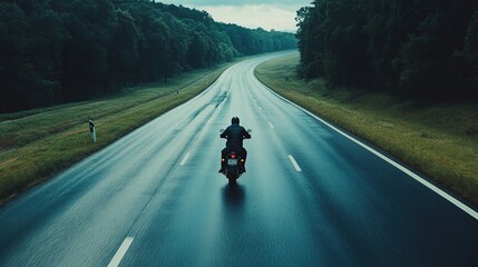 Motorcycle driver riding alone on asphalt motorway. Outdoor photography. Travel and sport, speed...