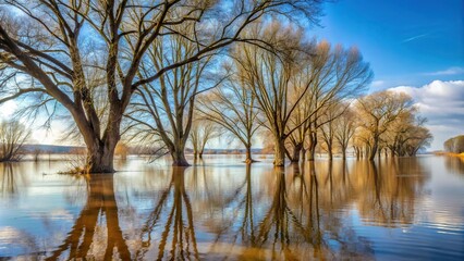 Obraz premium Flooded trees on river bank in early spring