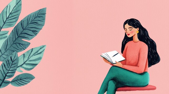 Woman reading book in a cozy setting with leafy accents.