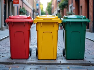 Red, yellow, and green recycling bins lined up on a brick street in an urban setting, promoting waste management and environmental responsibility