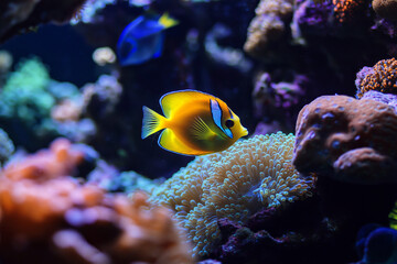 Bright tropical fish darting through soft and hard corals on a vibrant coral reef.