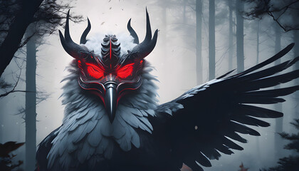 A white bird wearing a Japanese ghost mask with glowing red eyes flies over a dark forest. The moonlight makes the shadows of its wings look like hand shadows.