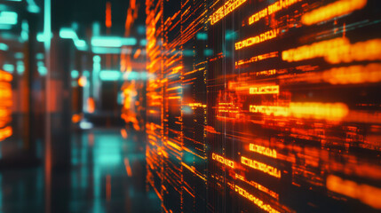 Dynamic digital data stream in a futuristic setting with glowing orange patterns reflecting technology