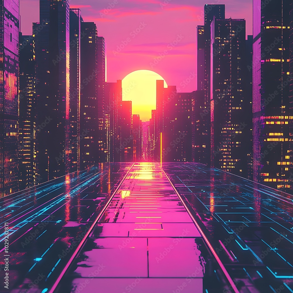 Canvas Prints Futuristic cityscape at sunset with neon lights and reflective surfaces.