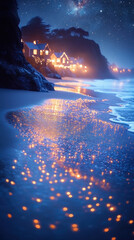 Obraz premium scenic view of a Cornwall coastal village at Christmas, with charming cottages decorated with festive lights and a backdrop of the ocean under a starry sky, perfect for a serene smartphone wallpaper