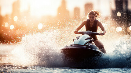Jetski in water with background of large city skyline with skyscraper. Summer tropical sports.