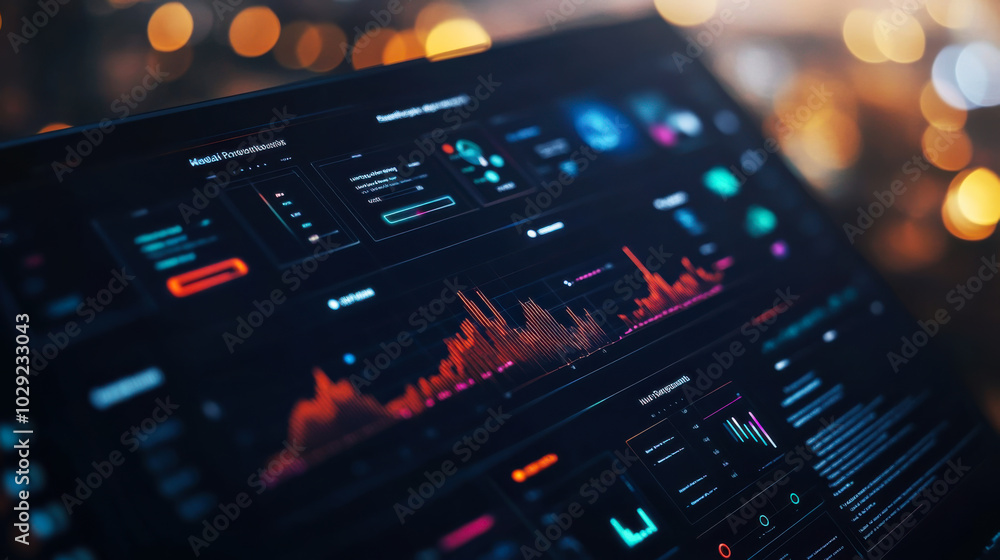 Poster advanced data analysis dashboard displaying financial metrics and trends during nighttime in a moder