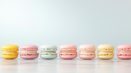 Assorted colorful macarons arranged neatly on a marble surface, soft pastel colors, gentle lighting, and shallow depth of field