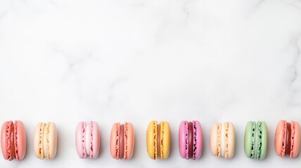 Assorted colorful macarons arranged neatly on a marble surface, soft pastel colors, gentle lighting, and shallow depth of field