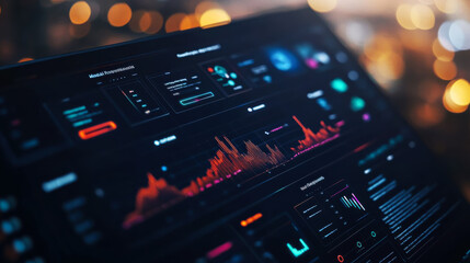 Advanced data analysis dashboard displaying financial metrics and trends during nighttime in a modern office setting