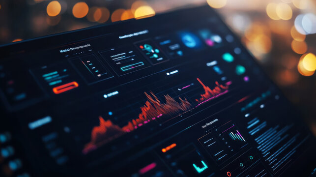 Advanced data analysis dashboard displaying financial metrics and trends during nighttime in a modern office setting