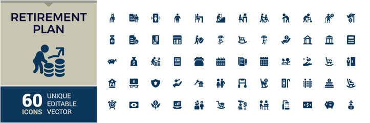 Retirement Plan solid icons set. Related to Savings, Time Management, Assets, Accounting, Property, Insurance and more. Editable filled icons collection. pixel perfect.