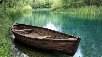 Obraz premium Wooden Rowboat Moored in a Tranquil Green Lake Surrounded by Lush Foliage