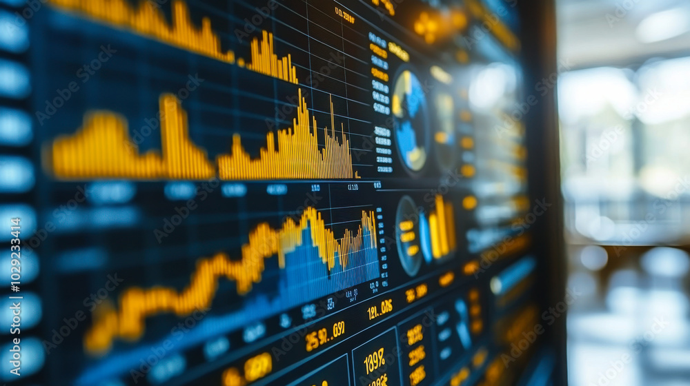 Poster display of financial market data with charts and graphs in a bright office during business hours