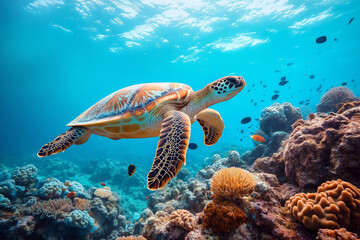 Large sea turtles gliding over a coral reef filled with vibrant marine life.