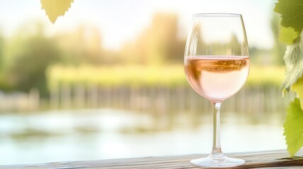 Chilled glass of rose wine, with a vineyard in the background, warm afternoon light