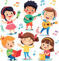 Fototapeta premium Diverse group of children playing musical instruments and singing