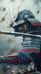 Fierce samurai warrior in battle, 4K hyperrealistic photo