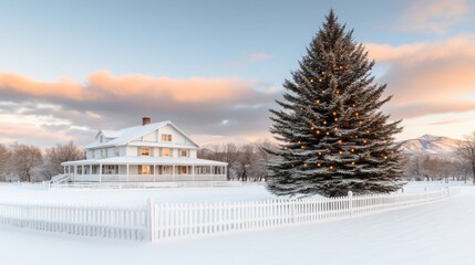 Cozy Home with Glowing Christmas Tree at Dusk