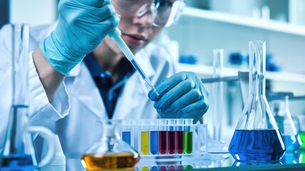 Scientist in lab using pipette to mix colorful liquids in glass beakers.