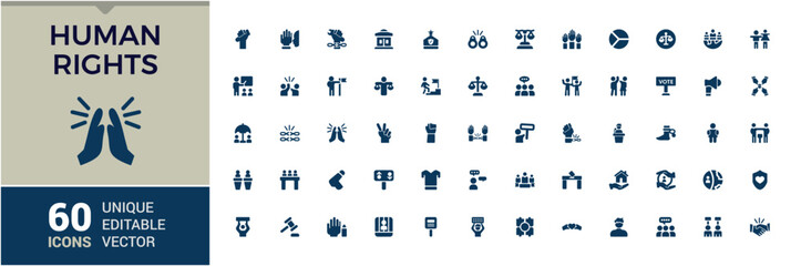 Set of solid human rights Icons. Simple filled style icon pack. Related to freedom, Human solidarity and more. Editable and pixel perfect. glyph icon collection. © Rubbble