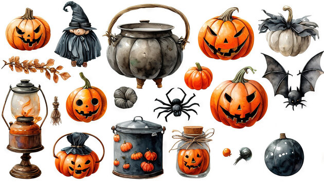Set de Halloween con calabazas, br&uacute;jas, calderos y ara&ntilde;as. Conjunto de figuras de halloween hechas en acuarela. Ilustraci&oacute;n de &iacute;tems de halloween.