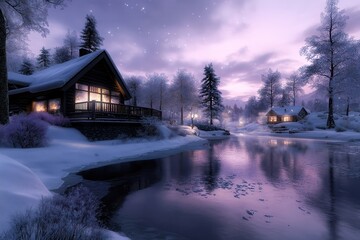 Fototapeta premium serene winter evening by the river with cozy cabin lights reflecting on the icy water, surrounded by snow-covered trees, purple skies, and a peaceful, tranquil atmosphere in a snowy wonderland